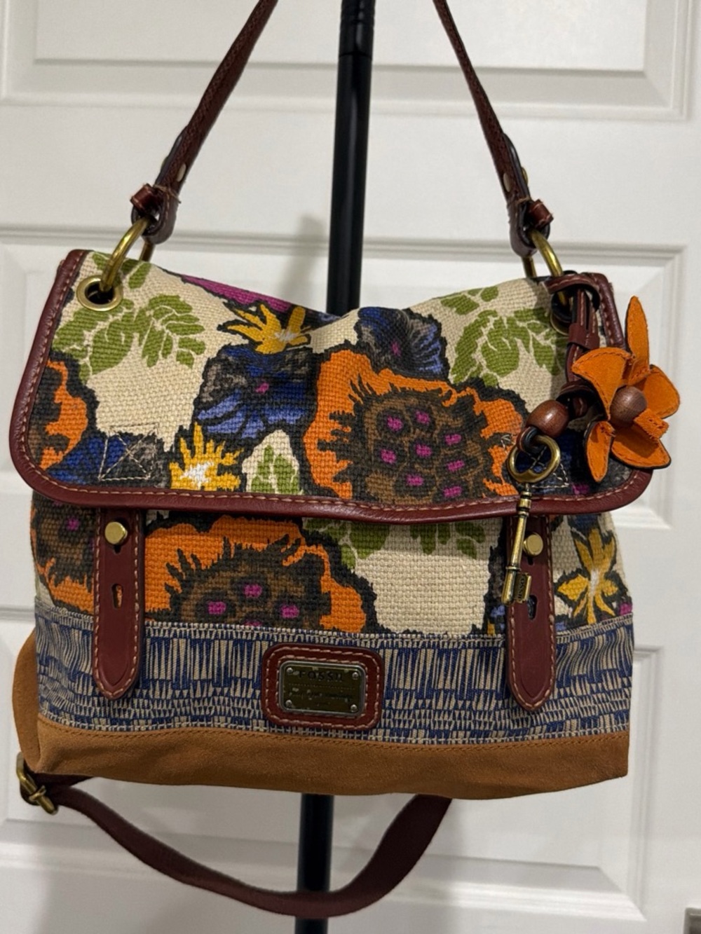 Fossil "Long Live Vintage" Floral Tapestry and Suede Crossbody Flap Bag
